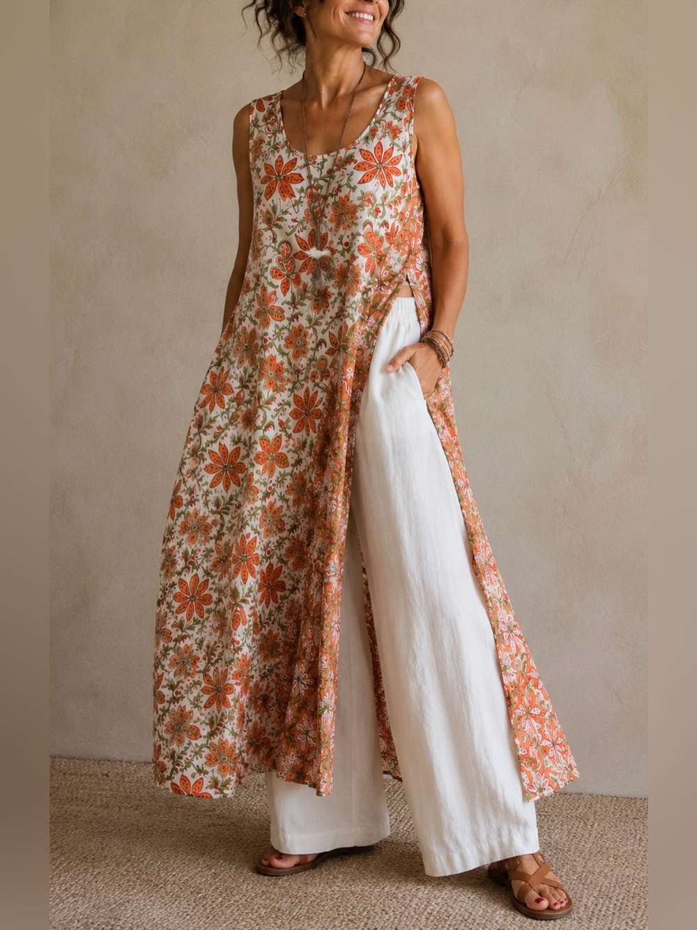 Algodon Lagenlook Boho Floral Shirt Dress High Slit Sleeveless Cotton Blend L/XL